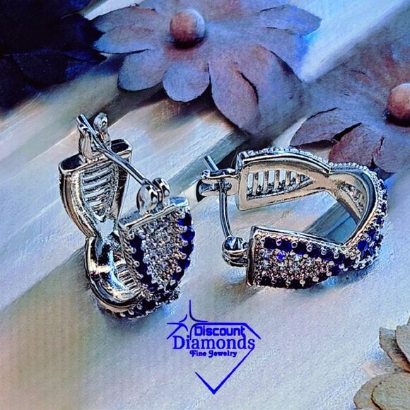 2 Ct. Blue Sapphire & White Baguette Diamond Earrings on 925 - Picture 5 of 9